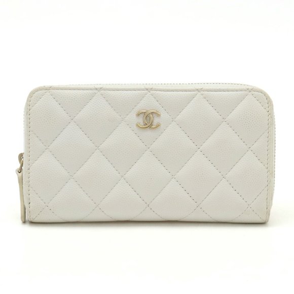 CHANEL Chanel Matelasse Coco Mark Small Zip Wallet Round Caviar Skin Leather Whi - Picture 1 of 10